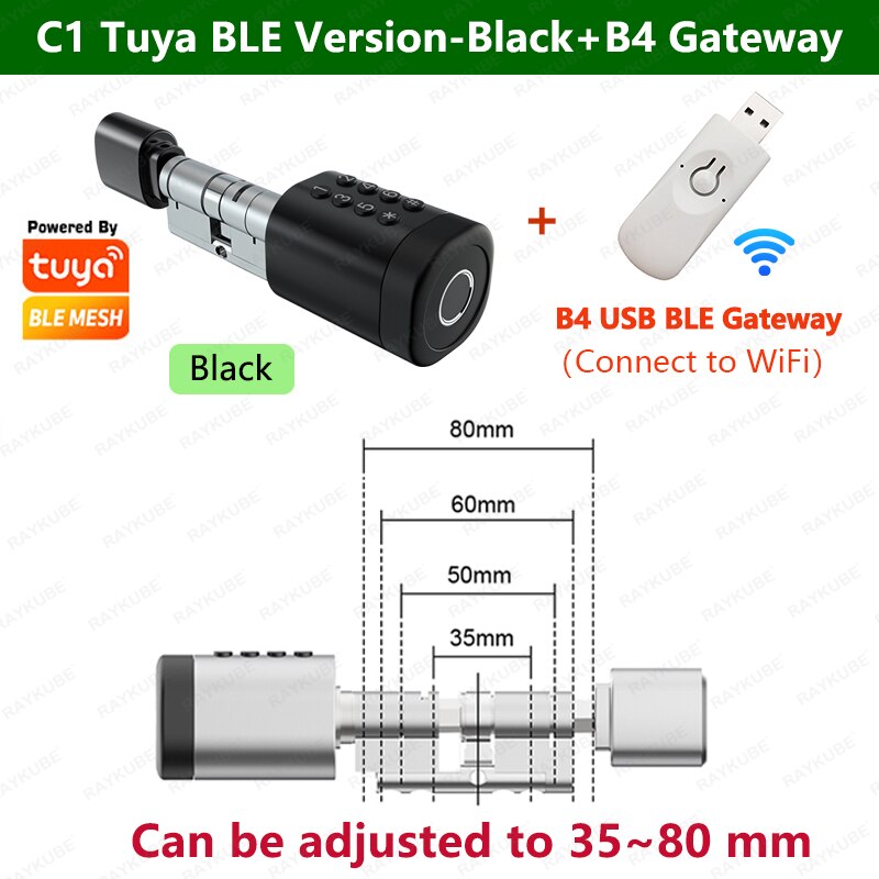 RAYKUBE C1 Tuya BLE TT Lock Smart Door Lock with 2-Ways-Adjustable Cylinder Length Fingerprint Password APP Key IC Card Unlock