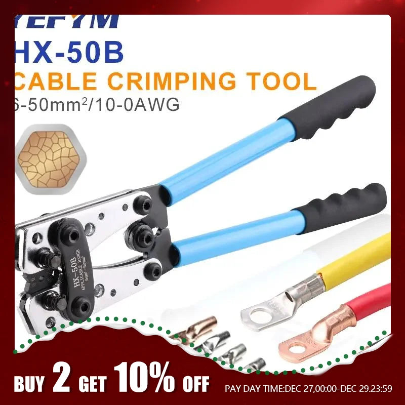 Tube Terminal Crimper Hex Crimp Tools HX-50B Pliers 6-50mm2/AWG 10-0 Multitool Battery Cable Lug Cable Hand Tools YEFYM