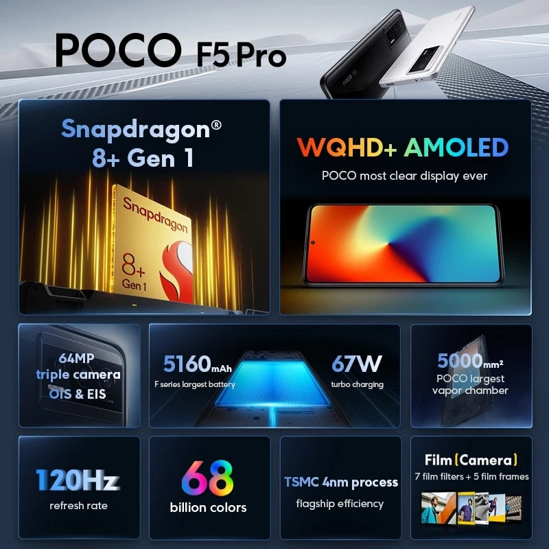 POCO F5 Pro Smartphone Global Version Snapdragon 8+ Gen 1 Octa Core WQHD+ 120Hz AMOLED DotDisplay 67W Wireless Fast Charging NFC