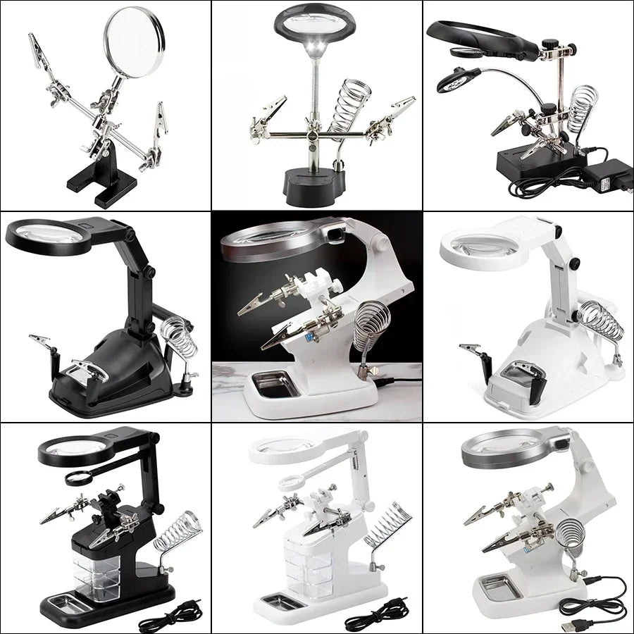 3 Hand Soldering Iron Stand Welding Tool With Magnifier Illuminated Glasses LED Alligator Clip Holder Clamp Helping Repair