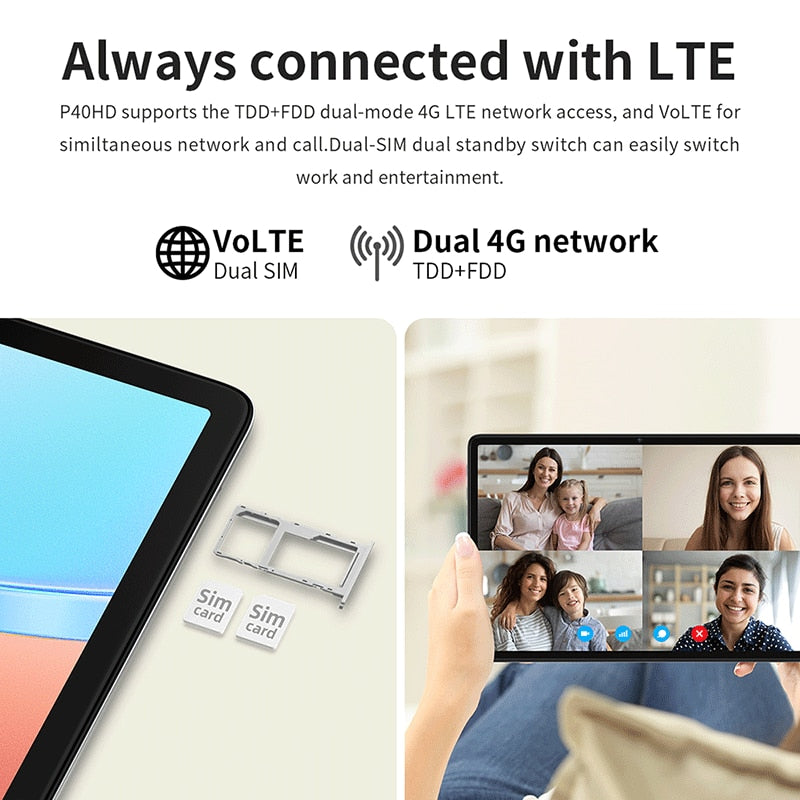 Teclast P40HD Tablet Android 12 Tablette Unisco T606 4GB RAM 64GB eMMC 10.1" IPS 1920x1200 Type-C Tablete Dual 4G LTE GPS BT 5.0