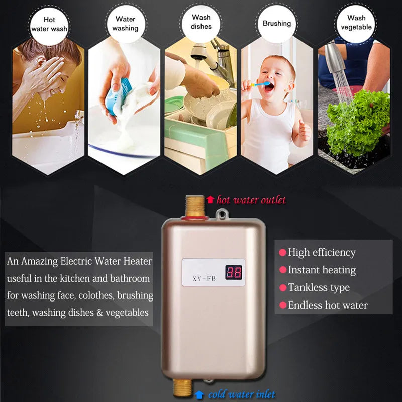 110V/220V Electric Water Heater 3800W Tankless Instantaneous Instant Hot Water Heater Kitchen Bathroom Shower Flow Water Boiler