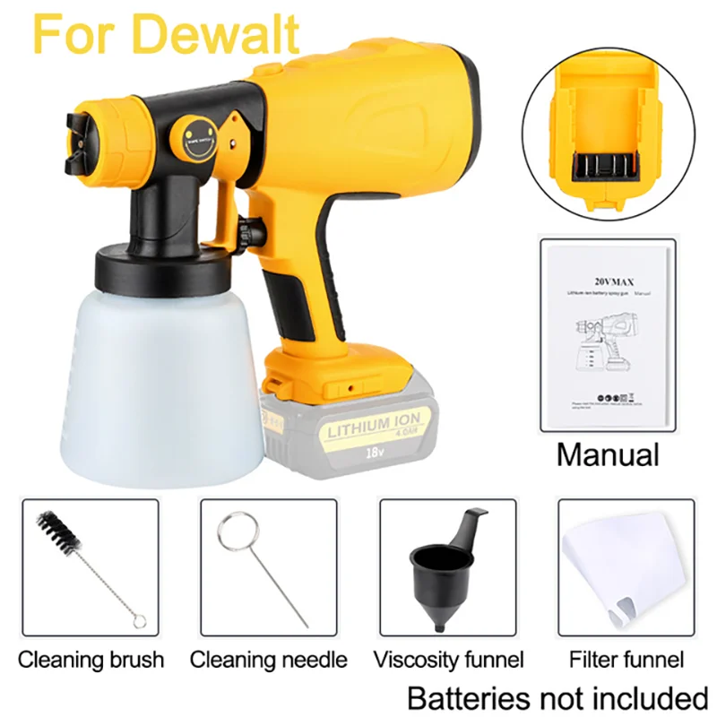 800ML Handheld Electric Spray Gun For Dewalt 18V 20V Lithium Battery Cordless High Power Paint Sprayer with 3 Spray Patterns