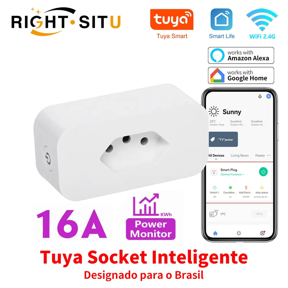Tuya 16A Brazil Standard WiFi Smart Plug with Power Monitor Smart Life APP Smart Socket Voice Work for Google Home Alexa
