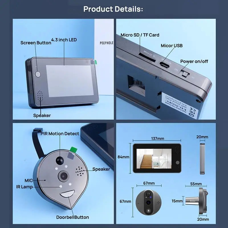 New Tuya Smart WiFi Video DoorBell 1080P Eye Peephole Camera 5000mAh 3MP Audio Intercom 4.3 PIR Infrared Alexa Call Door Viewer