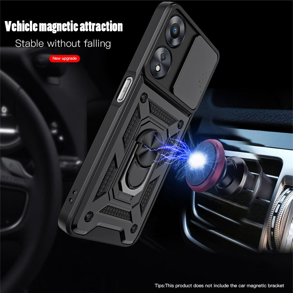 KEYSION Shockproof Armor Case for OPPO A78 5G Slide Camera Lens Protection Ring Stand Phone Back Cover for OPPO A58 5G A58X 5G