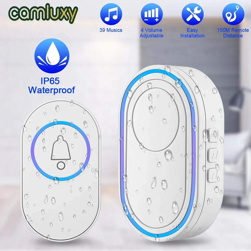 Camluxy Wireless Doorbell 39 Music LED Flash Security Alarm Outdoor IP65 Waterproof Smart Home Intelligent Door Bell Chime Kit