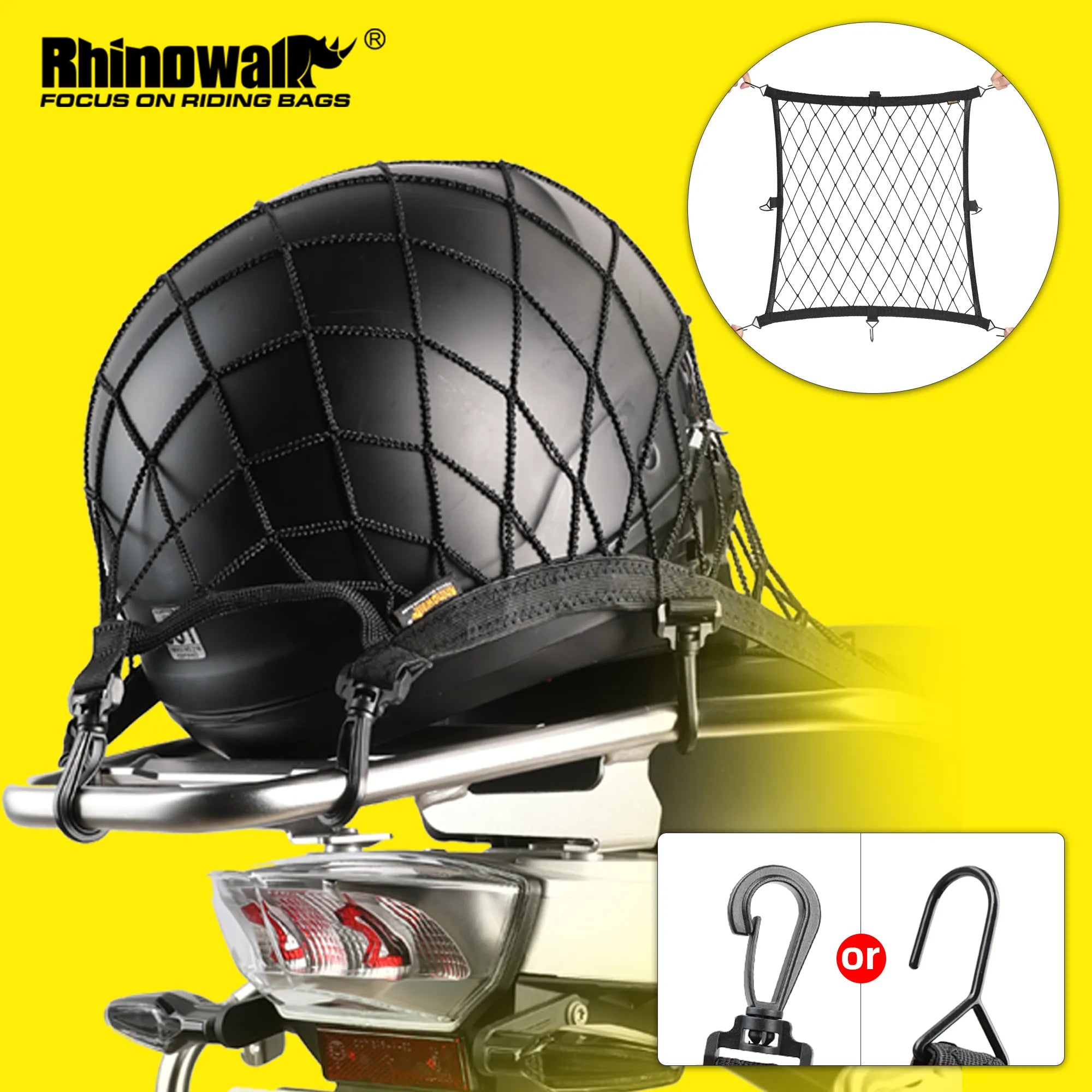 Rhinowalk Motorcycle Luggage Helmet Net Mesh Universal Motor Elastic Helmet Holder Storage Mesh WIth 8 Plastic/ Metal Hooks