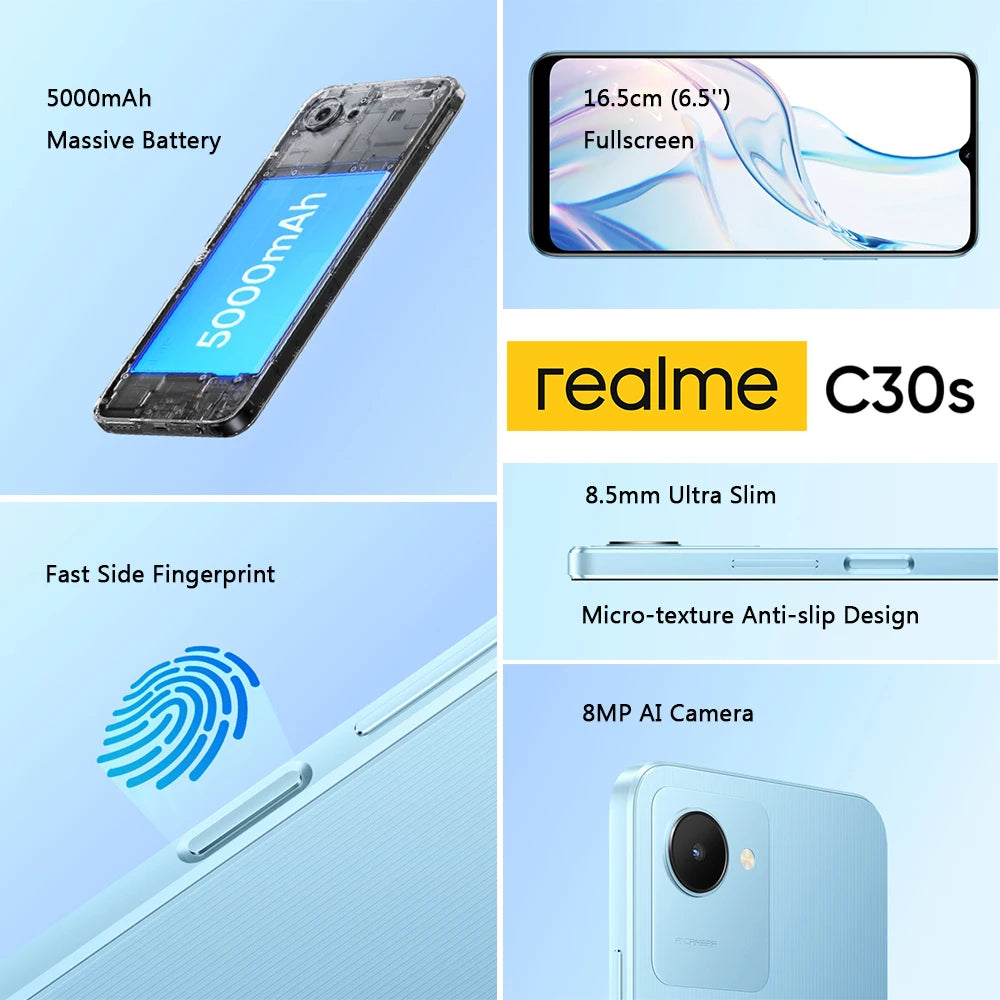realme C30s  5000mAh Battery  6.5'' Full Scree Mobile Phone Octa Core 3GB 64GB Smartphone 8MP Camera Fingerprint