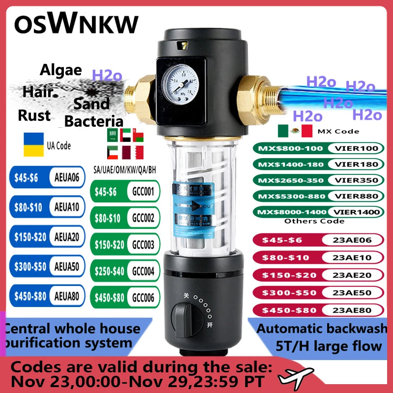 OSWNKW-03 Pre Filter Purifier Whole House Spin Down Sediment Water Filter Central Prefilter System Backwash Stainless Steel Mesh