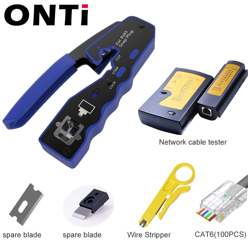 ONTi RJ45 Pass Through Crimper Tool and Rj45 Connector, Ethernet Crimper Crimping Tool Wire Stripper Cutter for Cat6a Cat5