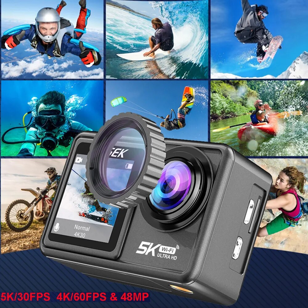 2" IPS Dual Screen Action Camera 5K 30FPS  4K 60FPS 48MP EIS Video With Optional Filter Lens 1080P Webcam Vlog WiFi Sports Cam