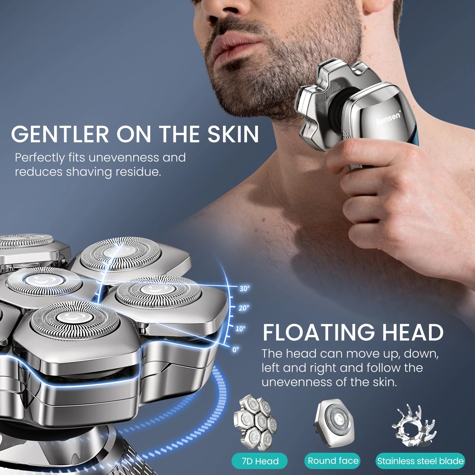 Kensen S18 Electric Head Shaver for Men Rechargeable 7D Floating Cutter Magnetic 5 in 1 Shaver Hair Trimmer Clipper Head Razors