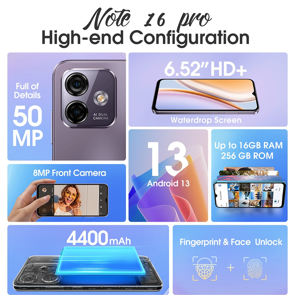 [World Premiere] Ulefone Note 16 Pro Smartphone 256GB ROM Android 13 Global Version Phone 50MP 6.52 inch 4400mAh