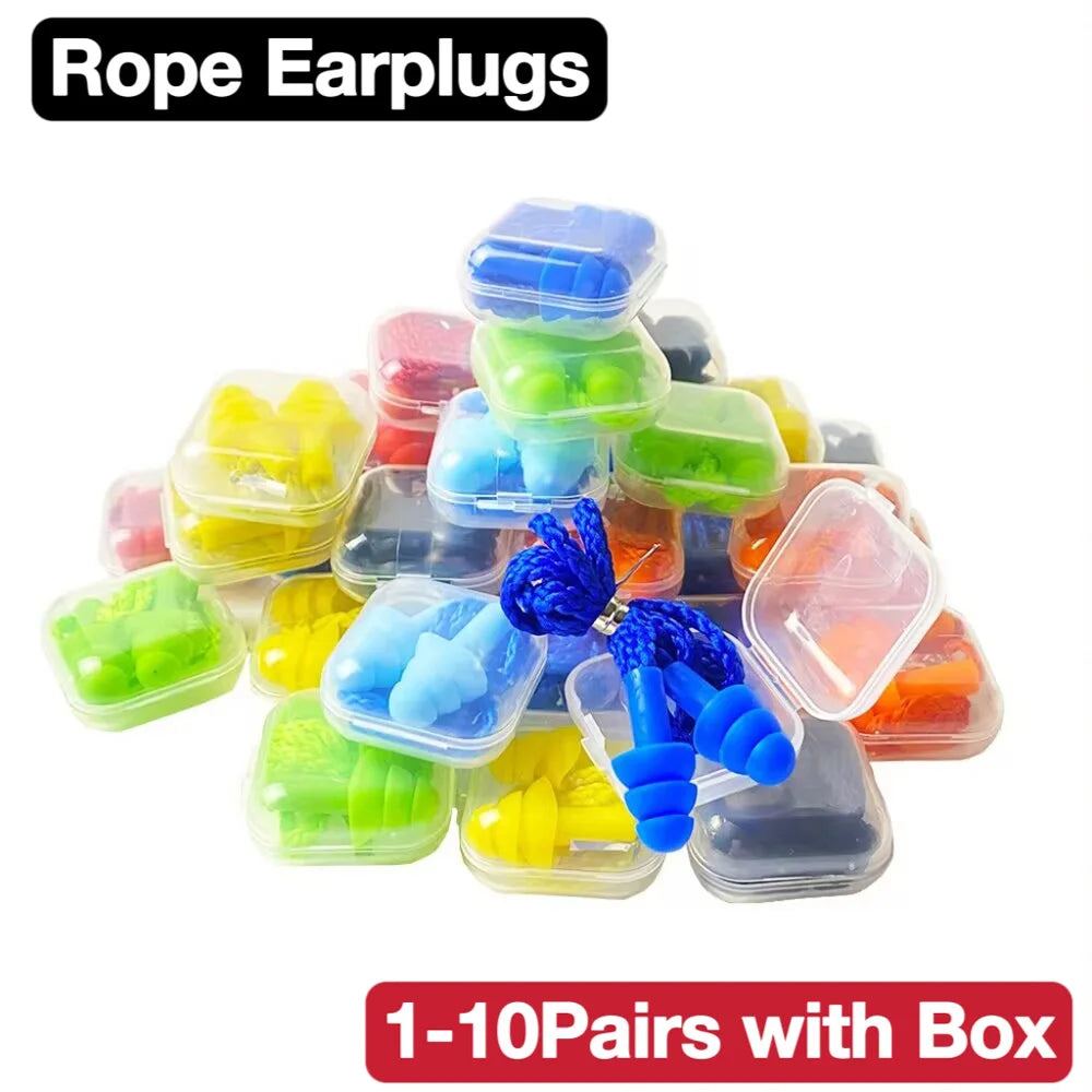 1-10Pairs Box Portable Soft Comfortable Silicone Ear Plugs Sleep Earplugs Noise Reduction Swimming Reusable Earplugs With Rope