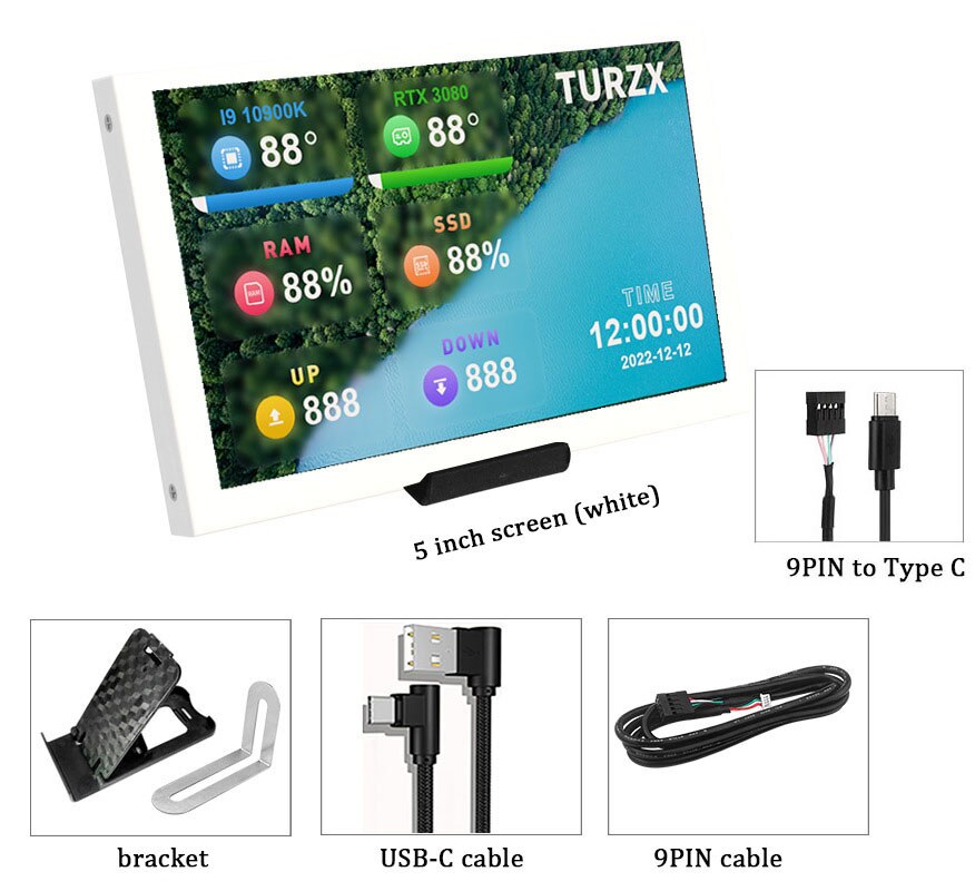 2023New 5 Inch Computer Monitor For Mini ITX CaseIPS TYPE-C Secondary Screen CPUGPU RAM HDD Monitoring USB Display Freely AIDA64