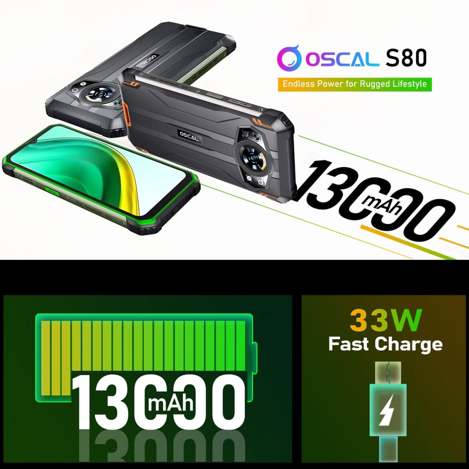 Blackview OSCAL S80 Android 12 Waterproof Rugged Smartphone 6.58" HD 6GB+128GB Helio G85 NFC Mobile 13000mAh 33W Fast Charge