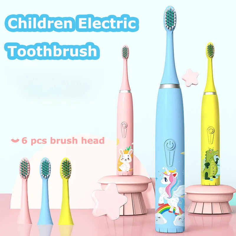 Children Sonic Electric Toothbrush Colorful Cartoon for Kids Soft Fur Automatic Waterproof with Replacement Head Cleaning Brush