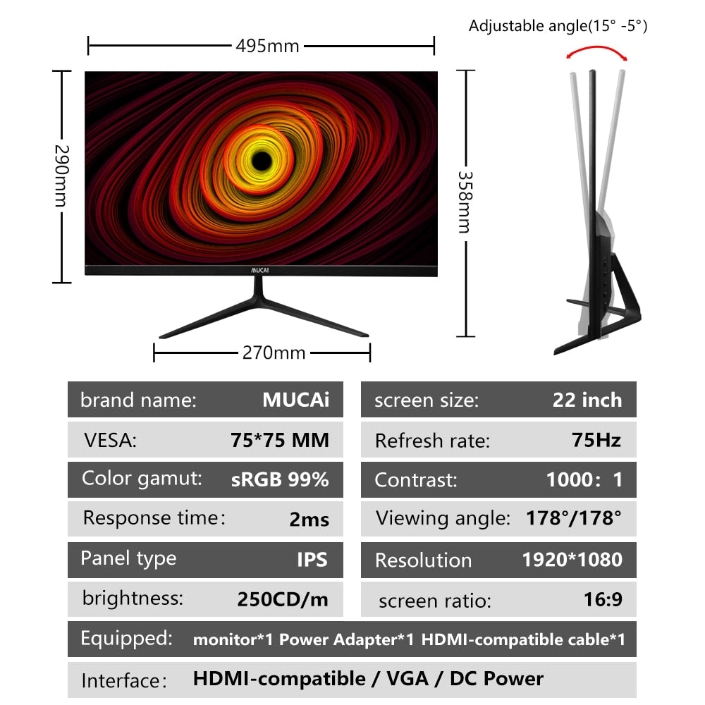 MUCAI 22 Inch Monitor 75Hz LED Display PC IPS HD office Desktop Computer Screen Flat Panel 22" 1920*1080 VGA/HDMI-compatible
