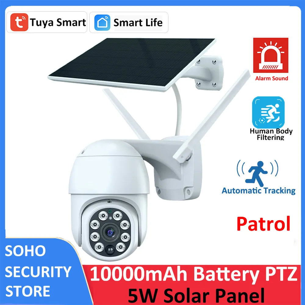 Tuya Smart 3MP Patrol Human Body Filtering 5W Solar 10000mAh Battery Wireless PTZ Outdoor WiFi PIR CCTV Auto Tracking Camera
