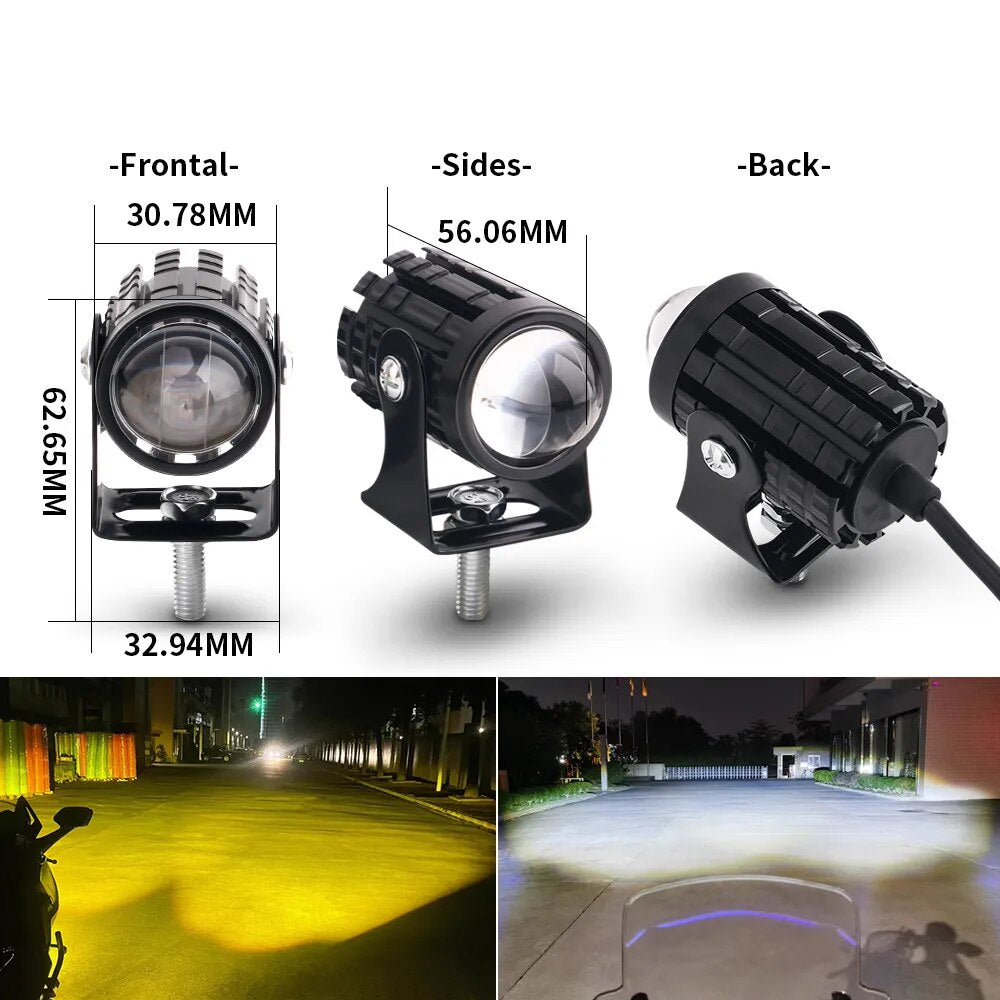 Auxiliary Motorcycle LED Headlights Spotlights Mini Projector Fog Light Front Driving Lamp Universal Dual Color Moto Accessories