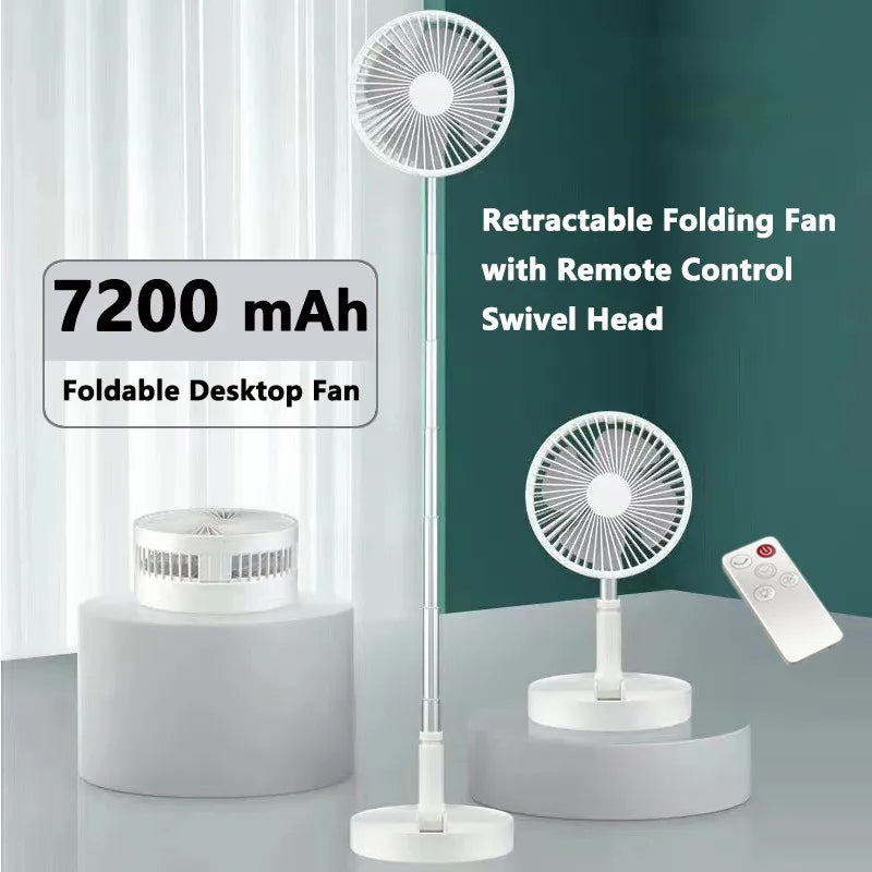 7200mAh USB Rechargeable Standing Table Fan Household Folding Telescopic Fan Low Noise Electric Cooling Fan 4 Speed