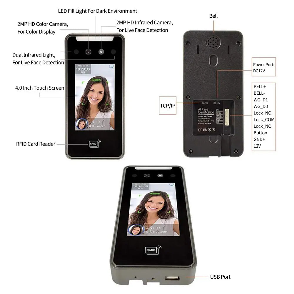 5000 User 4 Inch Touch Lcd 2MP Camera Biometric Face Recognition Wifi Access Control Employee Time Attendance Free Cloud API SDK