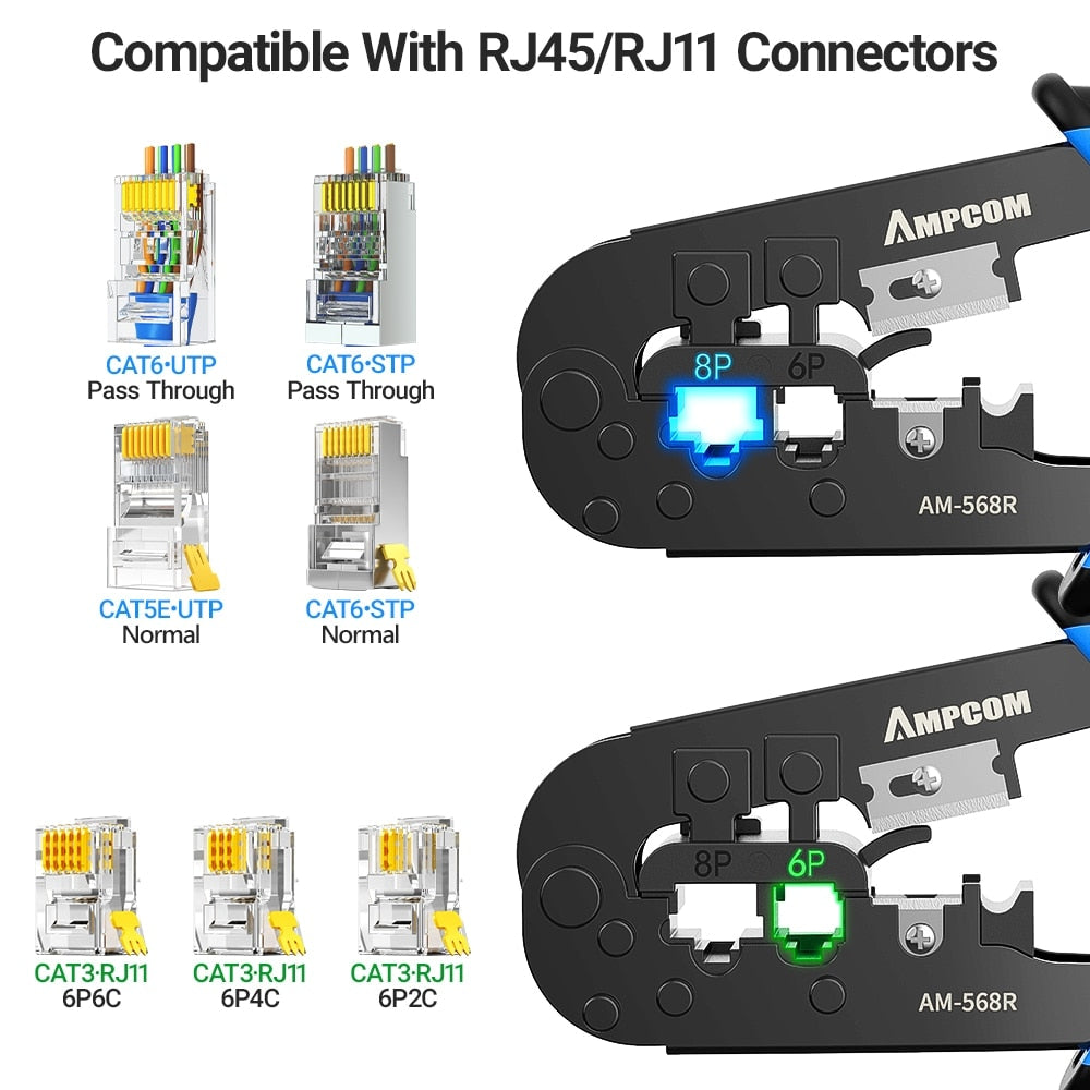 AMPCOM RJ45 Crimper RJ11 RJ45 Crimping Tool Ethernet Network LAN Cable Crimper Cutter Stripper Plier for 6P 8P RJ11 RJ12 RJ45