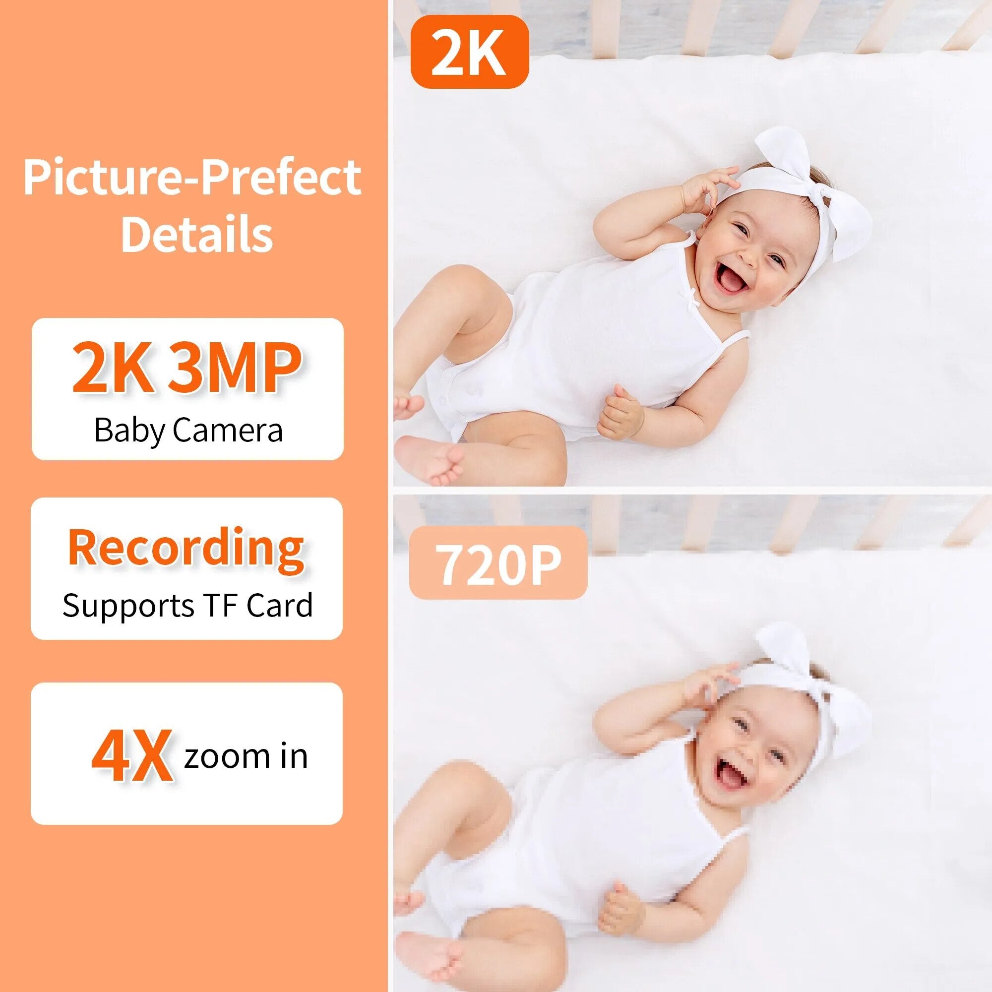 KAWA 2K Electronic Baby Monitor with Camera 360 Surveillance Camera Nanny Portable Video Audio Intercom TF Card Recording 1000ft
