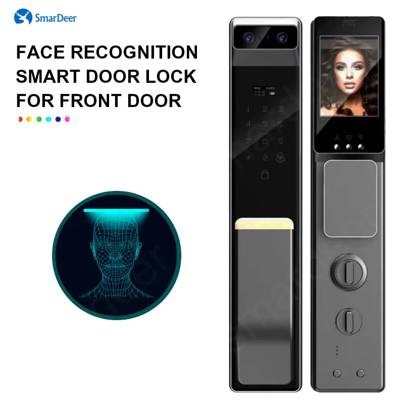 SmarDeer Face Recognition Smart Lock with HD Video Camera,Biometric Fingerprint Lock for Front door with Smart Doorbell,Password