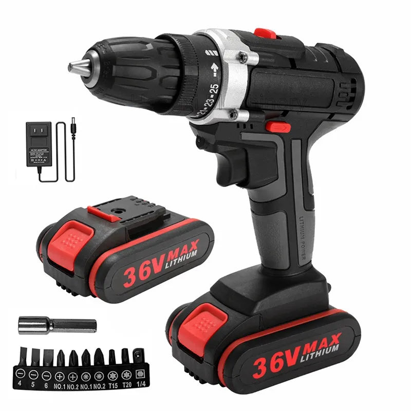 36V 1000W Electric Impact Drill 2 in 1 Electric Cordless Lithium-Ion Battery Mini Electric Power Screwdriver 2 Speed Power Tools
