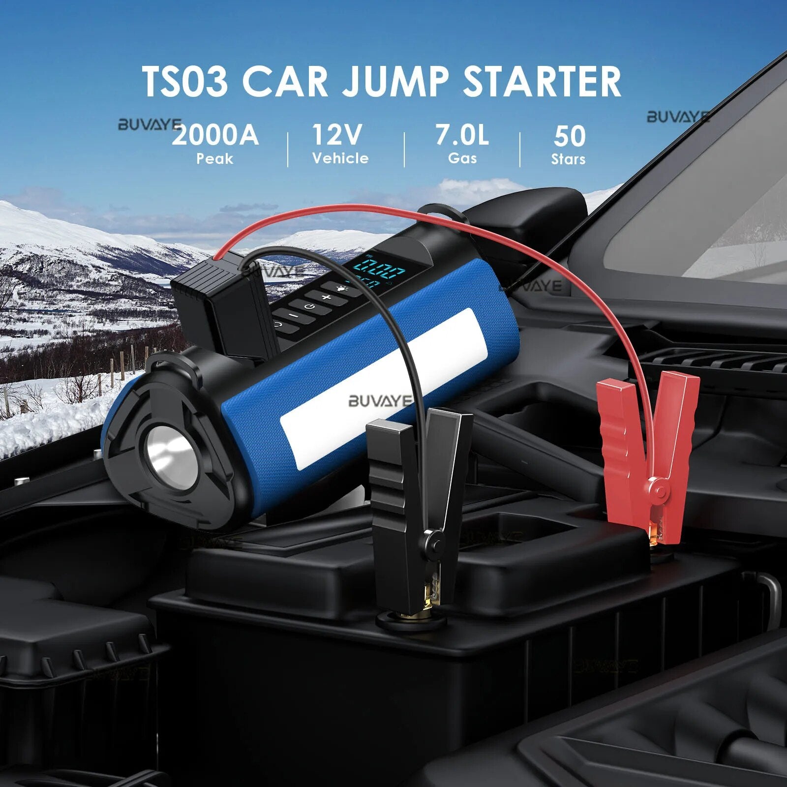 BUVAYE Car Jump Starter Air Pump Outdoor Portable Power Lamp Portable Air Compressor Multifunctional Tire Inflator with EVA Bag