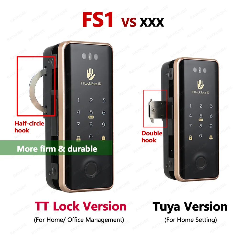 RAYKUBE FS1 TT Lock 3D Face Recognition Smart Lock With Half-circle Hook Biometric Electronic Fingerprint Unlock Glass Door Lock