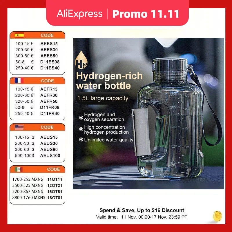 Portable Hydrogen Water Generator Water Filter 1200ppb-2400ppb 1.5L Large Capacity Sports Water Bottle Pot for Long Working Time