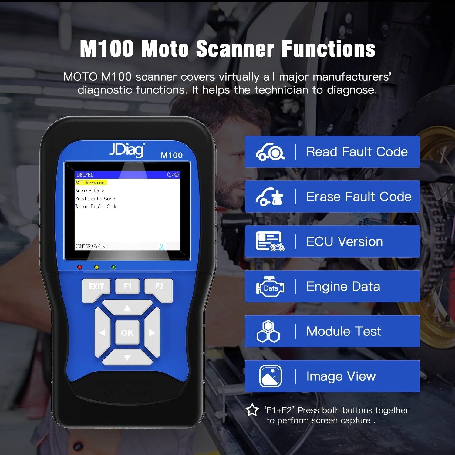 JDiag M100 Motorcycle Diagnostic Scanner Moto Fault Diagnostic Tool Motorbike Code Reader For KTM Yamaha Kawasaki Suzuki Honda