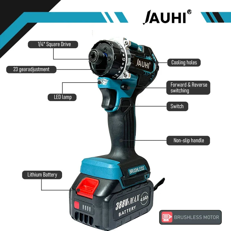 JAUHI 20+1 Torque 280N.m Brushless Electric Screwdriver Rechargeable Cordless Electric Drill Screw Driver for Makita 18v Battery