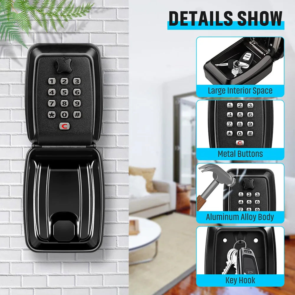 Key Lock Box Waterproof Wall Mount Lock 12-Digit Combination Resettable Large Capacity Security Lockbox for Home Garage Office