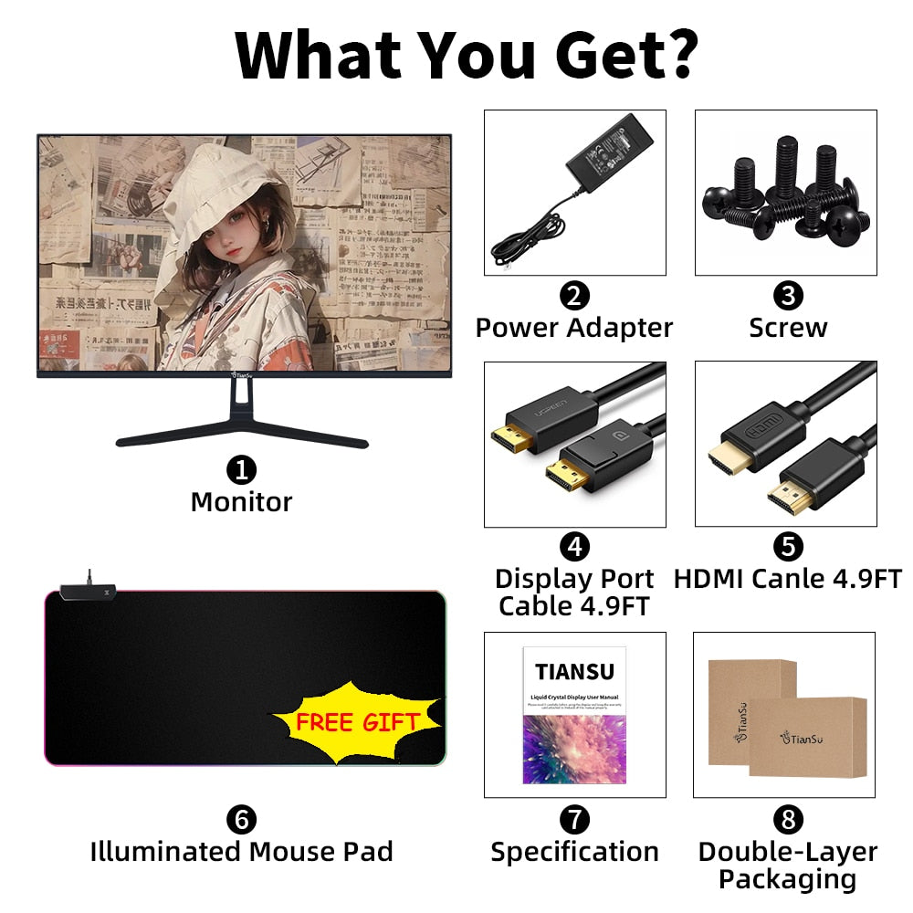 Tiansu 27 Inch Computer 2k 144hz Monitor IPS Pc Gamer 165hz Screen Gaming 2 k Monitor 240hz HDMI-Compatible FHD 16:9 Monitors