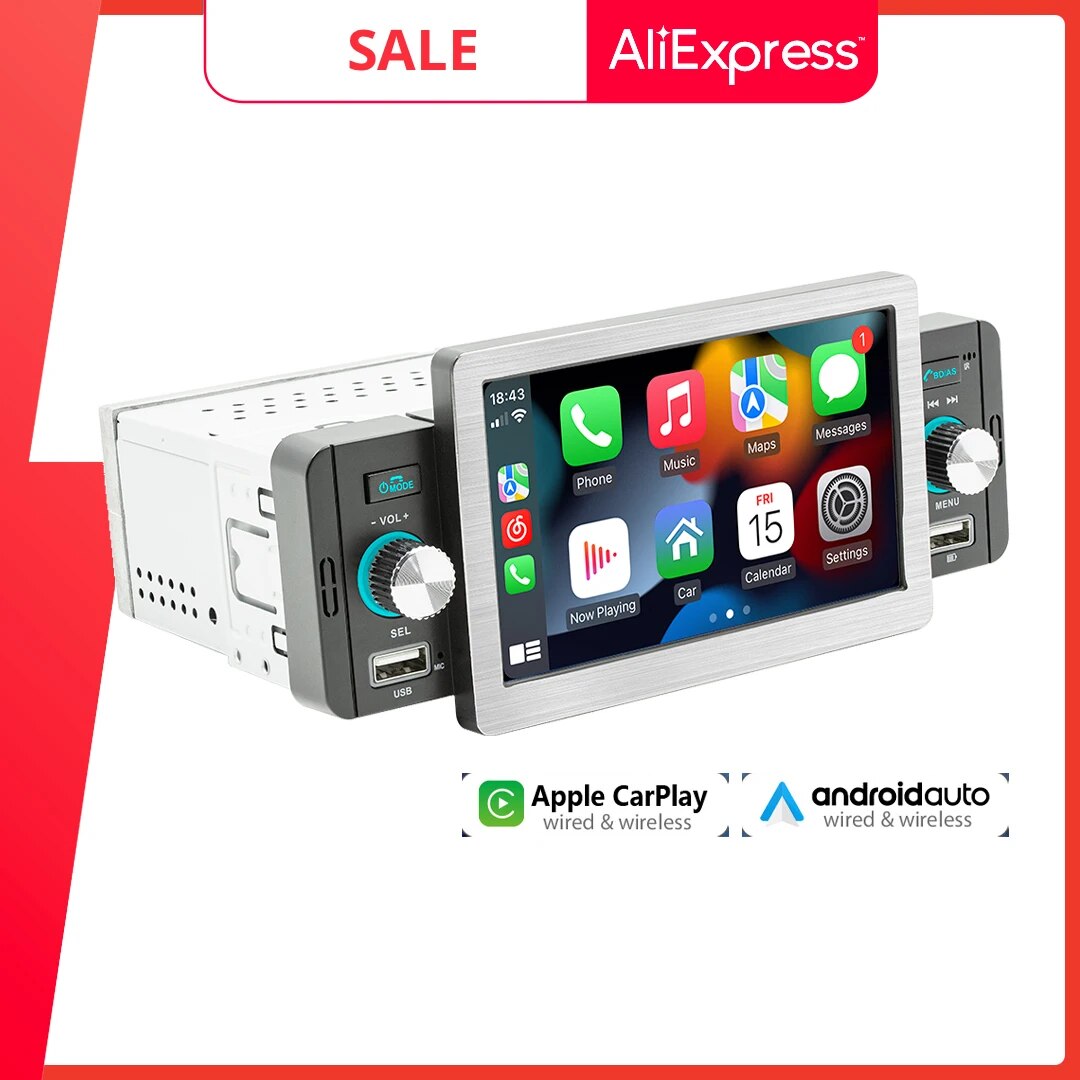 1 Din Wireless CarPlay Car Radio Bluetooth MP5 Player Android-Auto Handsfree A2DP USB RDS FM AM 5" Audio System Head Unit F158W