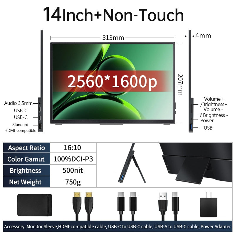 14 Inch 2.5K Portable Monitor 2560*1600 16:10 100%sRGB HDR 500Cd/m² Display Game Screen For Laptop Mac Phone Xbox PS4/5 Switch