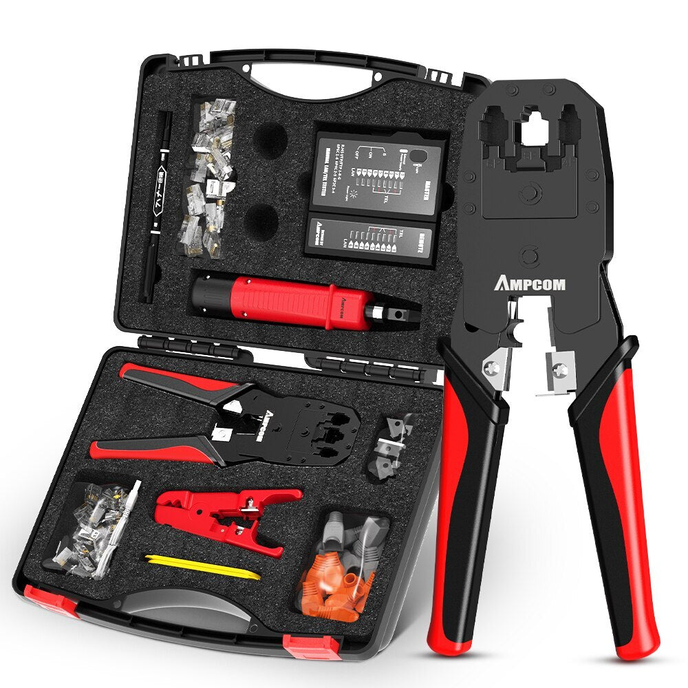 AMPCOM RJ45 Crimper Lan Tester Tool Set Ethernet Cable Stripper Punch Down Tool RJ 45 RJ11 Connectors 12 in 1 Cabling Repair Set