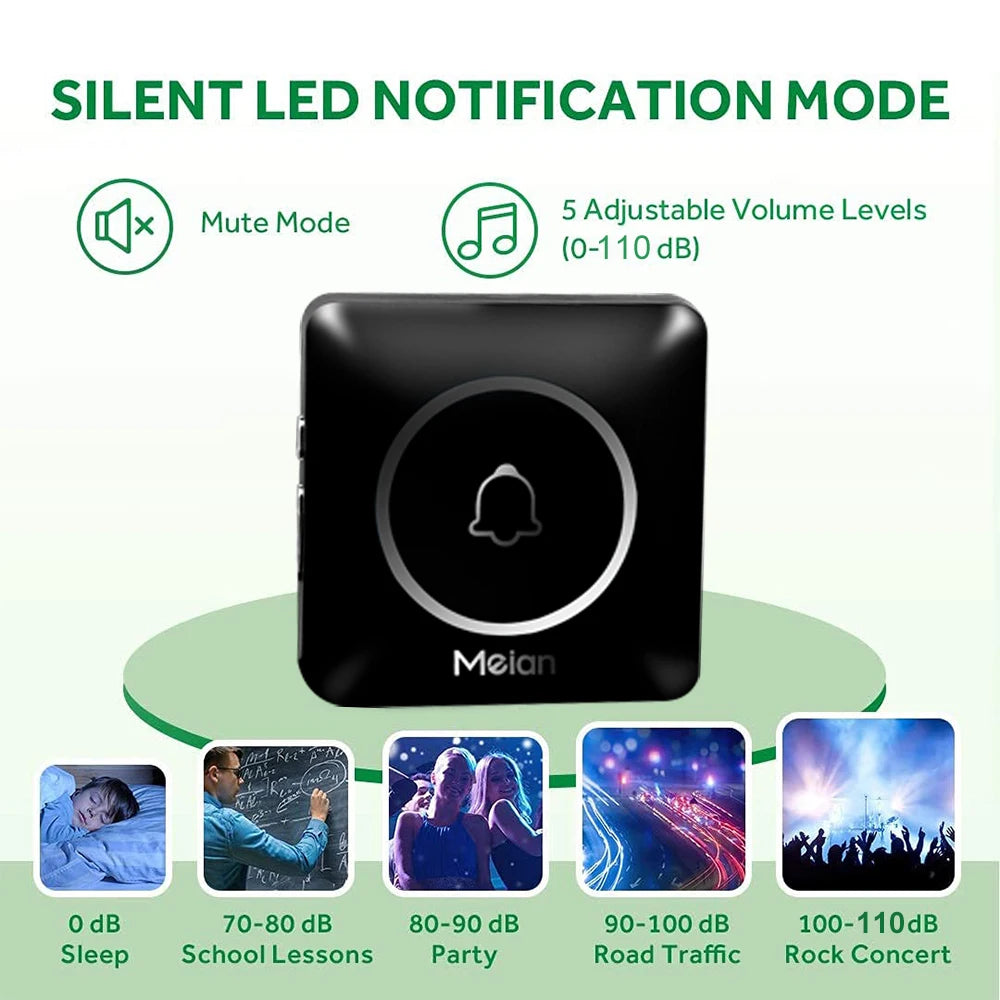 Meian Outdoor Wireless Doorbell Smart Home Welcome Doorbell IP65 Waterproof Door Bell Chime 60 Ringtone LED Flash Security Alarm