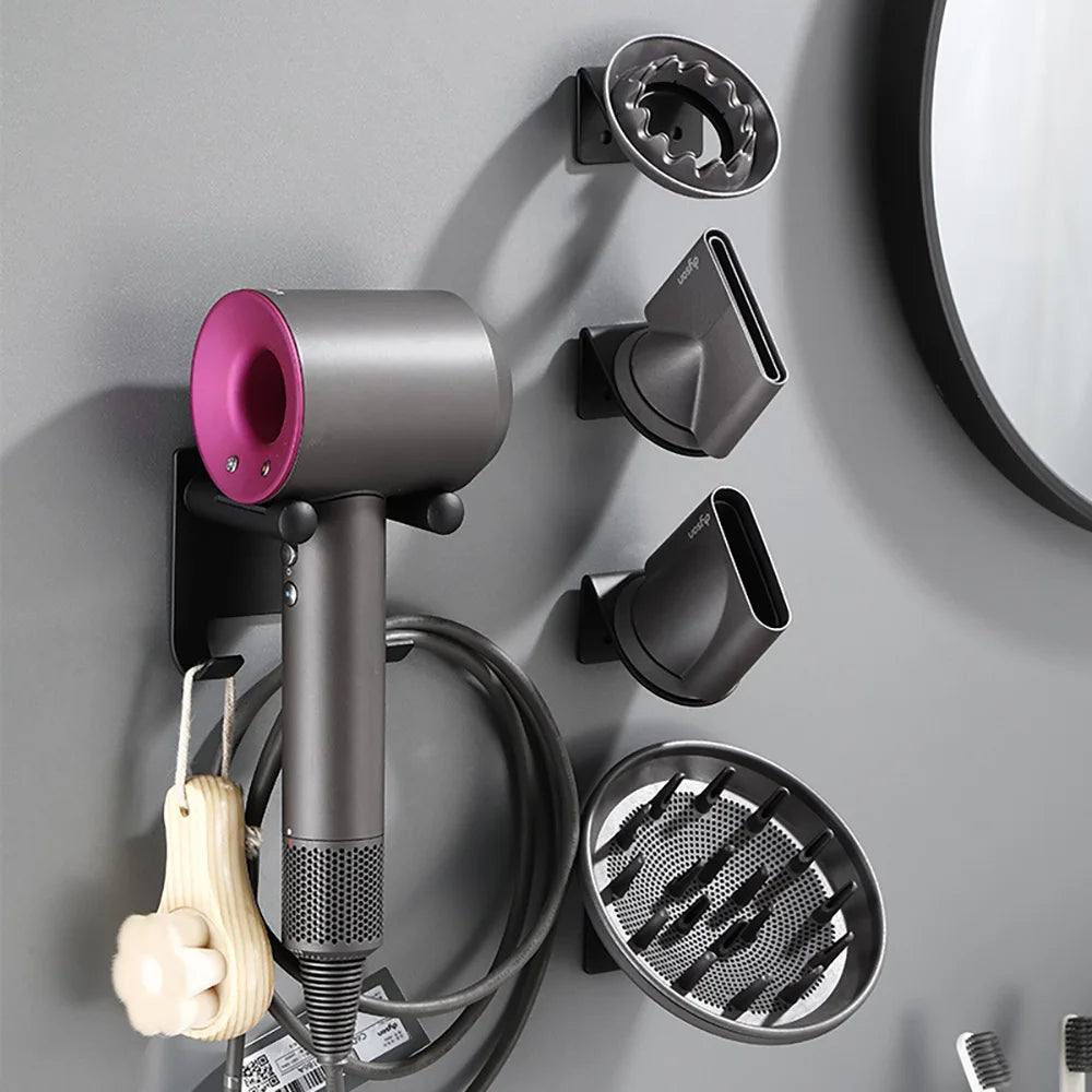 Hair Dryer Holder Wall Mounted Dryer Cradle With Hooks Black Straightener Stand Hair dryer Organizer Bathroom Accessories