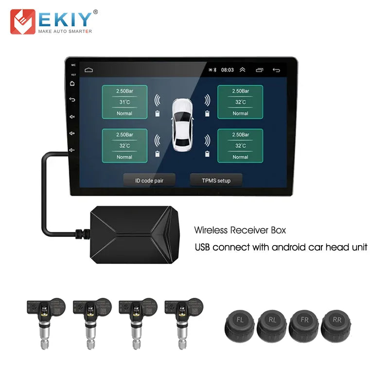 EKIY USB TPMS Tire Pressure Monitoring System for Car Radio Navigation Tyre Internal External Sensors Alarm Monitoring System