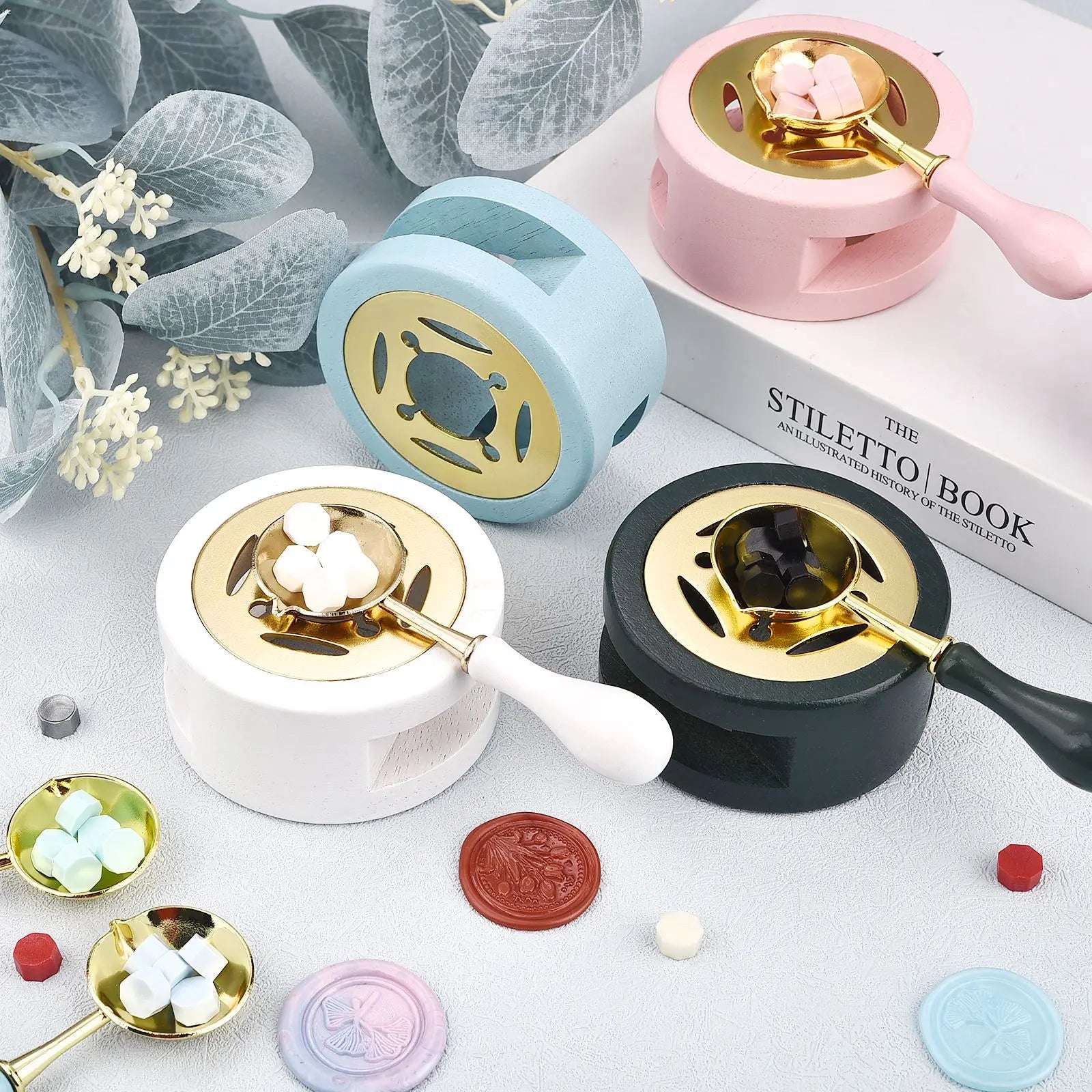 2PCS Wax Seal Stamp Set Retro Lacquer Stove With Wood Handle Spoon Kit Wax Seal Melting Furnace Heater Wax Bead Stick Heater Pot