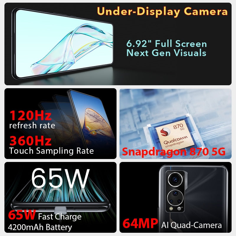 Global Version ZTE Axon 30 5G Under Screen Camera  8GB 128GB Snapdragon 870 6.92'' 120Hz AMOLED Display 65W FastCharge