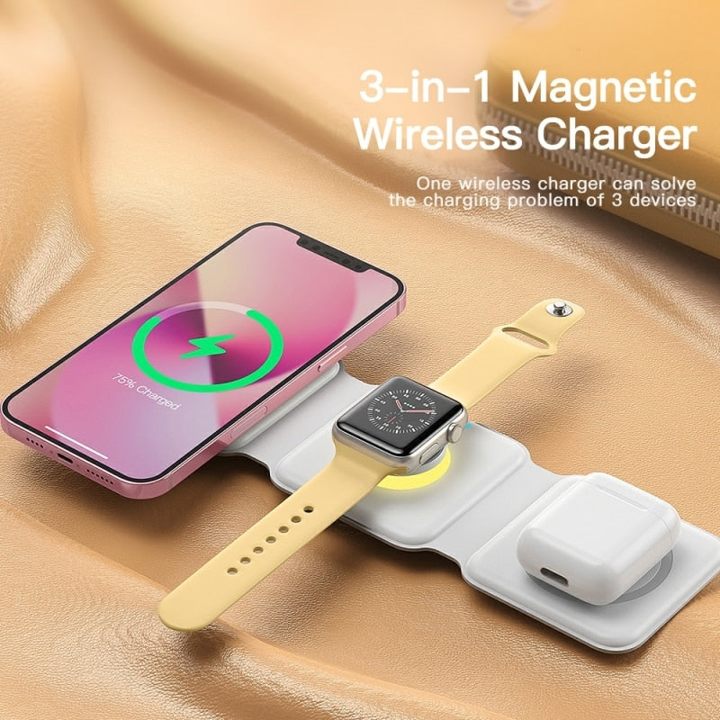 Essager 3 in 1 Magnetic 15W Qi Wireless Charger Foldable Charger Stand For iPhone 13 12 /Airpod /IWatch 7 6 Xiaomi Fast Charging