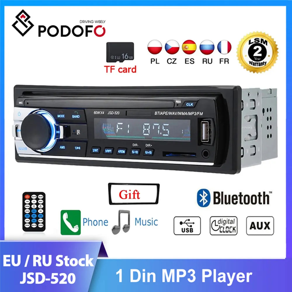 Podofo JSD-520 Car Radio In Dash 1 Din Tape Recorder MP3 Player FM Audio Stereo USB/SD AUX Input ISO Port Bluetooth Autoradio