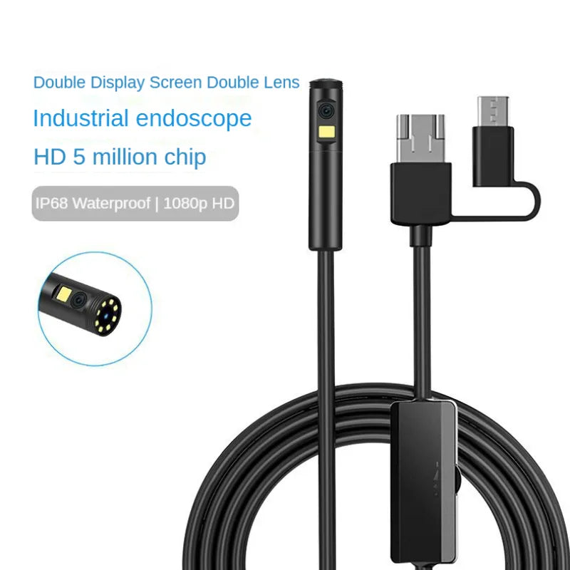 USB Industrial Endoscope Camera Dual Lens IP68 HD Borescope Waterproof Inspection Endoscope For Cars 9 LED Lights For Phones PC