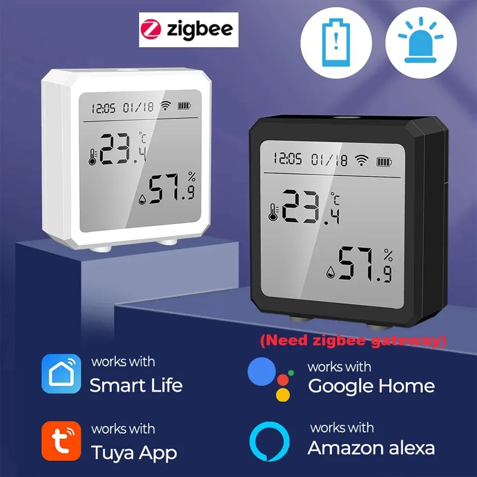 ONENUO Tuya Zigbee Temperature and Humidity Sensor with LCD Screen Digital Display Wireless Thermometer Work with Alexa Google